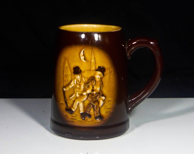 Pottery Beer Tankard, Moriyama Pottery, Scene of Two Drunken Gentlemen On The Street 1930s