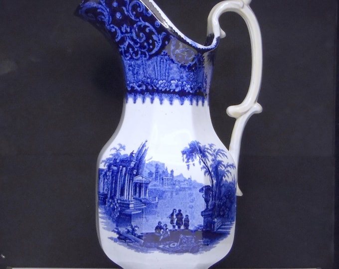 Flow Blue Pottery Pitcher, Undetermined Maker, Temple, pre 1855