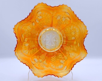 Carnival Glass Bowl, Fenton Art Glass Comp, Peacock and Grape, Marigold, 1913-1924