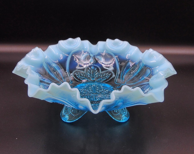 Jefferson Glass Blue Opalescent Bowl, Early American Pressed Glass, 1908