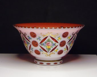 Vintage/Mid-Century Glass Bowl, Multiple European Makers, Cased Glass White Cut to Ruby, 1950s- 1970s