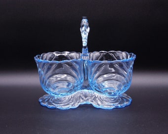 Elegant Era Glass Divided Center Handle Dressing Dish Cambridge Glass Company Caprice Moonlight Blue 1937 - 1953