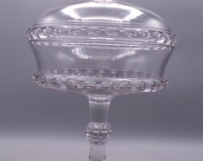 Early American Pressed Glass Covered Tall Standard Compote, Ripley and Company (2nd), Dakota (OMN) aka Baby Thumbprint, c 1885