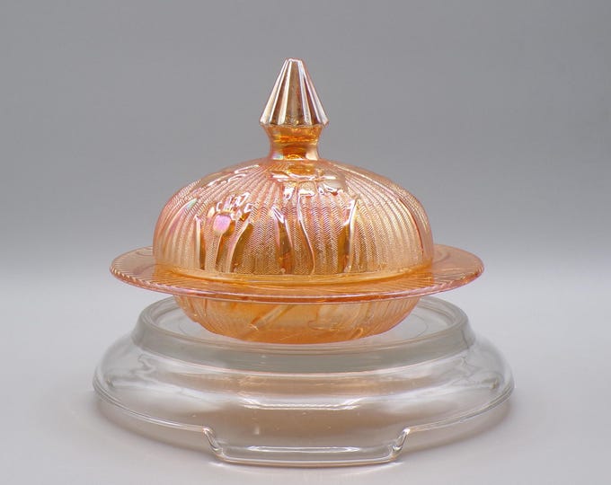 Vintage Glass Butter Dish; Jeannette Glass Company; Iris (OMN) AKA Iris And Herringbone, Gold Iridescent, 1950s