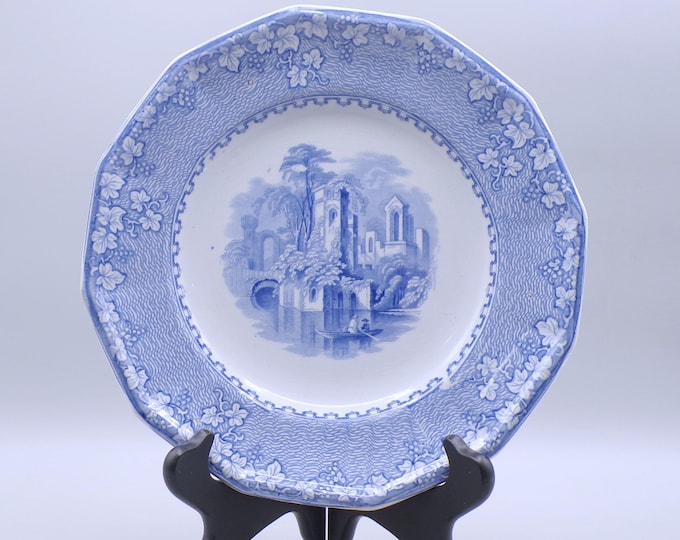 Pottery Salad/Luncheon Plate, John Alcock, Cobridge, "Priory", Blue Transfer 1853 - 1861
