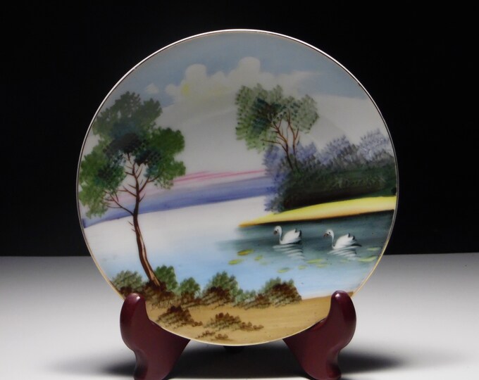 Porcelain Plate, Decorative, Andrea By Sadek, Occupied Japan, Hand Painted Swans On Lake. 1945 - 1952