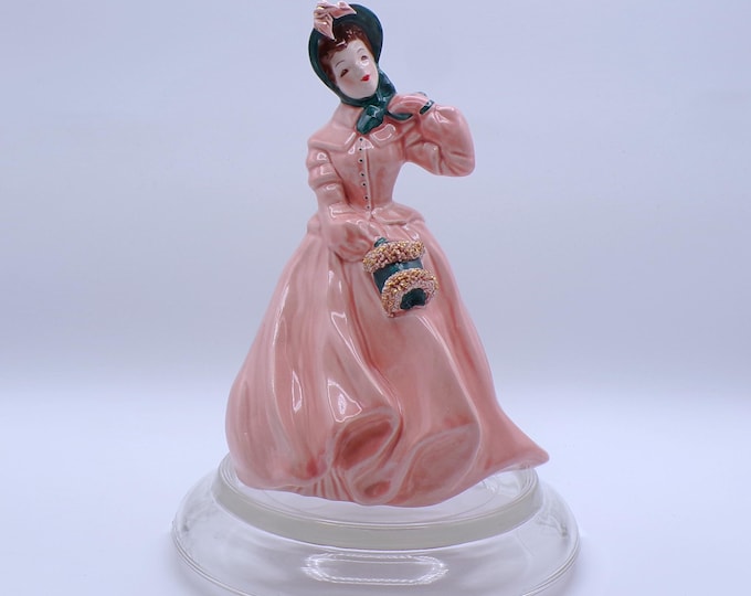 Porcelain Figure, Florence Ceramics, Pasadena California, Clarissa, Pink with Green, Fancy, 1940s