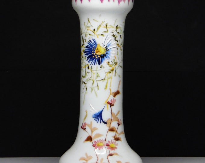 Opaline/Opaque/Milk Glass Bud Vase, unknown maker, hand painted, c 1900