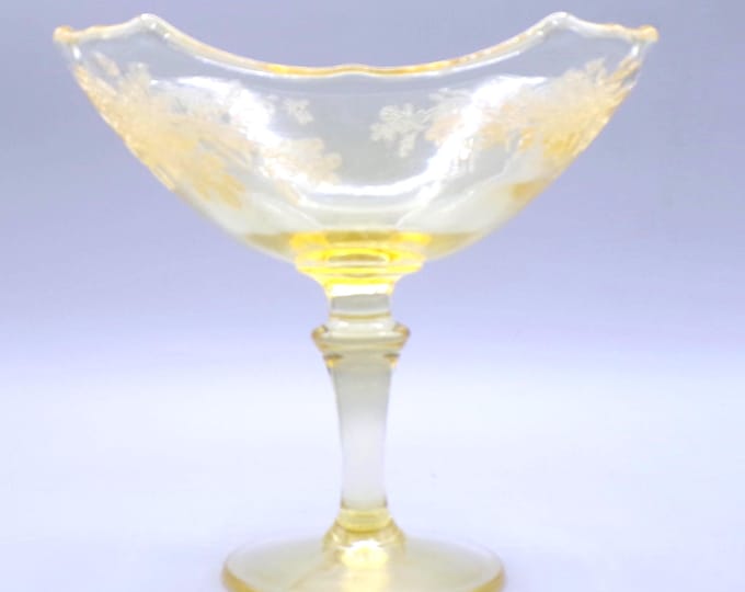 Elegant Era Glass Compote, Paden City Glass Company, #411, Mrs B with Ardith Etch, Yellow, 1930s