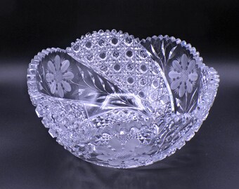American Brilliant Cut Glass Bowl: Floral & Hobstar Design, c1915-1920