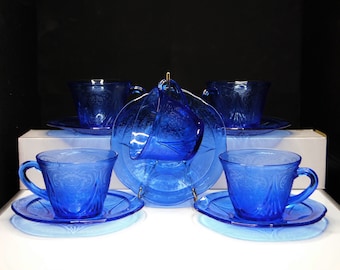Depression Glass Cup and Saucer, Hazel - Atlas Glass Company, Royal Lace, Cobalt (Ritz) Blue, 1934 - 1941
