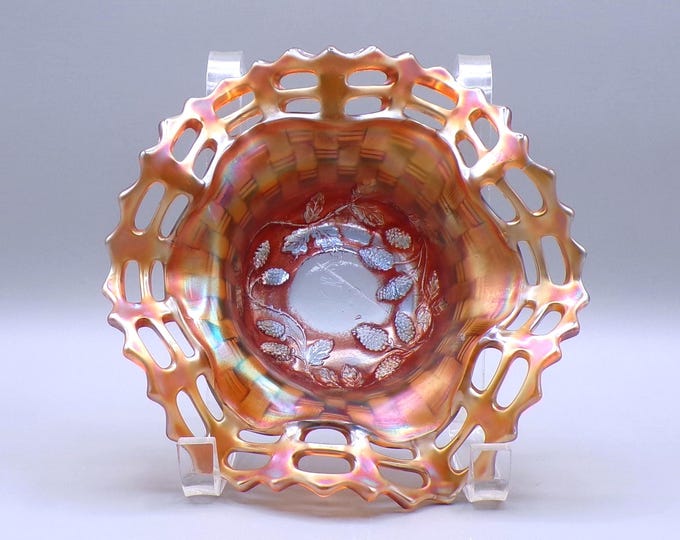 Carnival Glass Hat Vase, Fenton Art Glass Company, Blackberry Open Edge, Amber, 1911 - 1928
