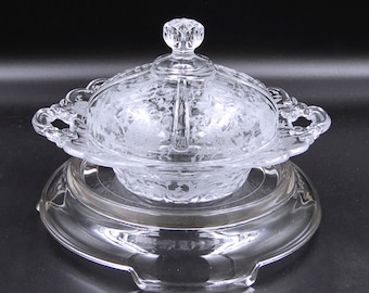 Elegant Era Glass Butter Dish, Cambridge Glass Company, #3121 w/Wildflower Etch #733, 1935