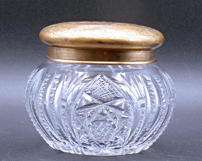 American Brilliant Period Cut Glass Puff or Powder Jar, unknown maker or pattern, original metal lid, c 1910