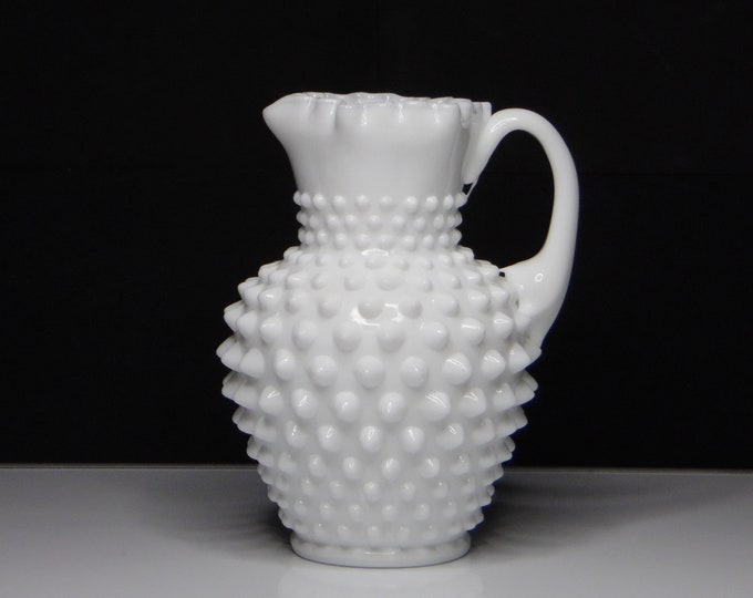 Vintage Milk Glass Open Syrup Jug, Fenton Art Glass Company, Hobnail, Shape 3762, Ruffled Rim, 1960s