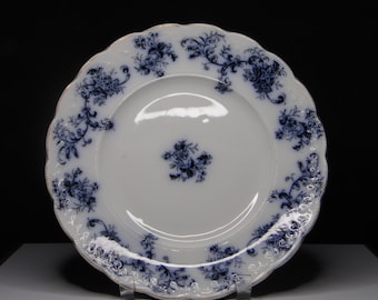 Pottery Dinner Plate, Flow Blue, New Wharf Pottery, England; Dunbarton; 1891 - 1894