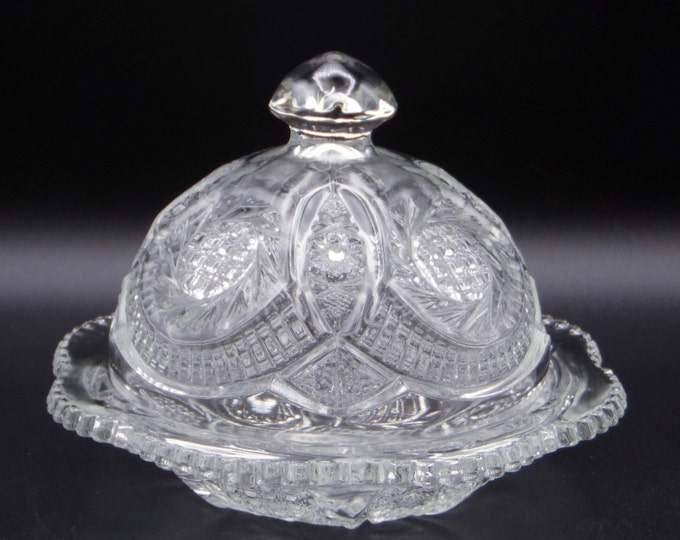 Early American Pressed Glass Covered Butter Dish McKee Glass Company Sunburst (OMN) a/k/a Aztec Sunburst 1909