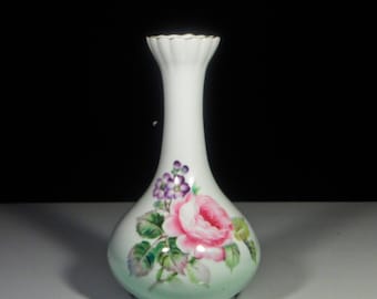 Porcelain Bud Vase, Noritake China, Japan Transfer Rose And Violets, Hand Painted Accents, 1940 - 1943