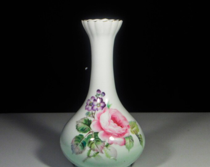 Porcelain Bud Vase, Noritake China, Japan Transfer Rose And Violets, Hand Painted Accents, 1940 - 1943