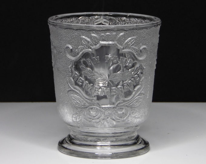Early American Pressed Glass Mug, Campbell, Jones and Company, CJ #155 (OMN) aka Rose in Snow; "In fond Remembrance"; 1883