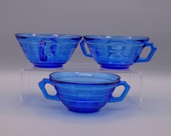 Depression Glass Cream Soup Bowl, Hazel - Atlas Glass Company, Moderntone, Cobalt (Ritz) Blue, 1934 - 1942