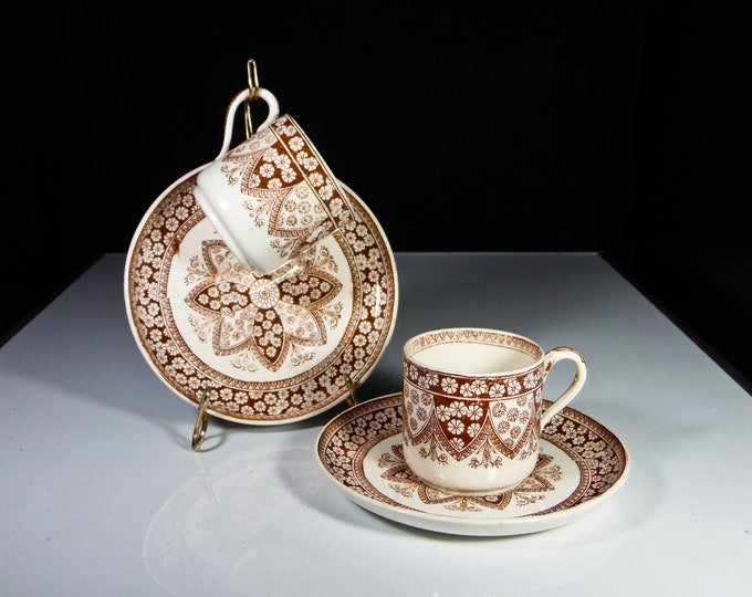Pottery Demitasse Cup And Saucer, W T Copeland And Sons, England Primrose, Brown 1880s