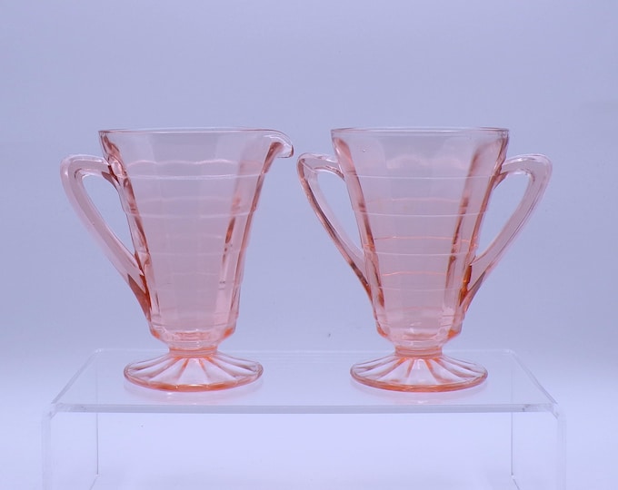 Depression Glass Sugar and Creamer, Hocking Glass Company, Block Optic, 1929-1933