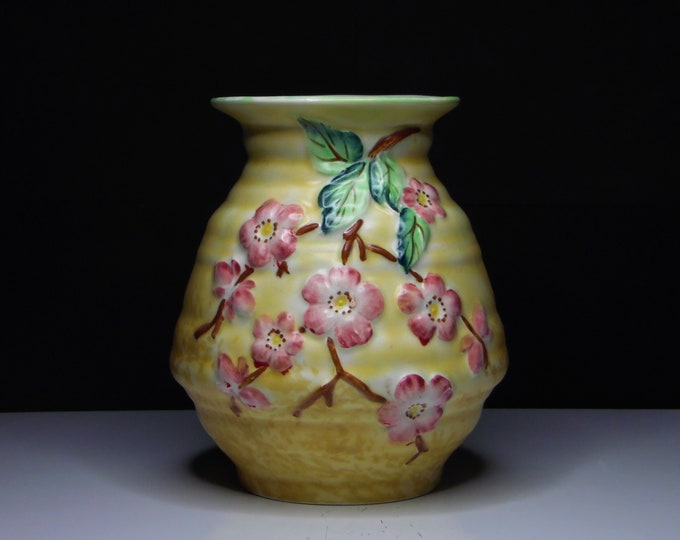 Pottery Vase, Royal Art Pottery Longton England, Apple Blossom on Yellow Ground, Mold 75 1946 - 1955