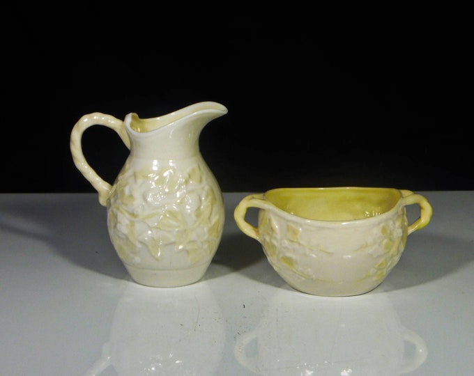 Porcelain Individual Sugar And Creamer, Belleek Porcelain, Ireland, Ivy, 5th Green Mark 1955 - 1965