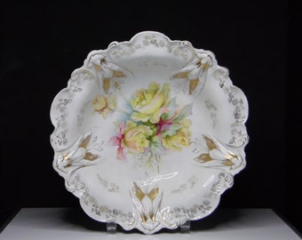 Porcelain Bowl, RS Prussia Squash Mold, Yellow Roses 1890 - 1920