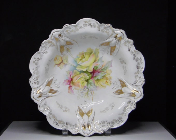 Porcelain Bowl, RS Prussia Squash Mold, Yellow Roses 1890 - 1920