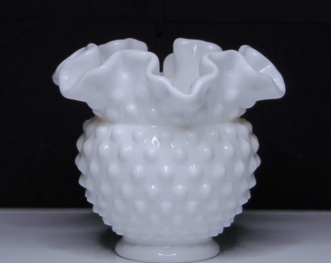 Vintage Fenton Milk Glass Hobnail Vase, Double Crimped, 1960s
