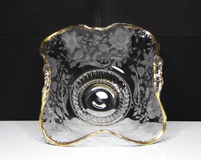 Elegant Era Glass Bon Bon/Footed Basket, Cambridge Glass Company, #3500 Line, Gadroon, Shape #55, Etch #1047, Wildflower 1930s