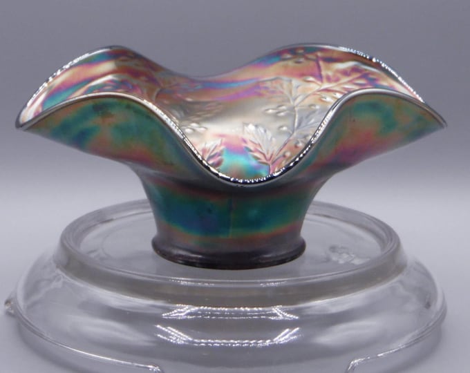 Carnival Glass Square Hat Vase, Fenton Art Glass Company, Holly, Blue, 1910 -1929