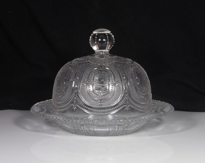 Early American Pressed Glass Butter Dish With Cover, A H Heisey And Comp, Heisey #160 (OMN) AKA Locket On Chain; Stippled Beaded Shell 1896
