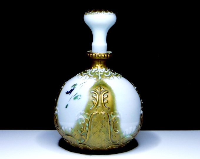 Early American Pressed Glass Dresser Bottle: Gold Clouded Opal Bureau Set, c 1907