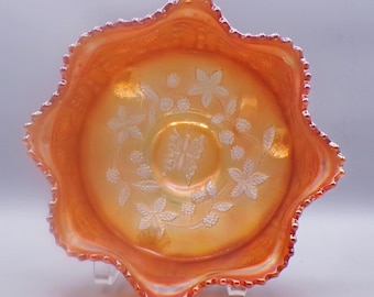 Carnival Glass Footed Bowl, Fenton Art Glass Company, Butterfly and Berry, 1911 - 1924