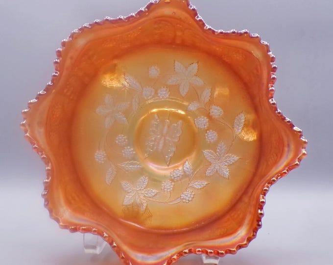 Carnival Glass Footed Bowl, Fenton Art Glass Company, Butterfly and Berry, 1911 - 1924