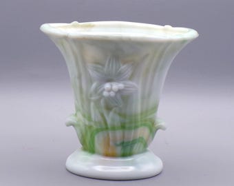 Vintage Glass Urn Vase, Akro Agate, Lily #658, Green Slag, 1930s/40s