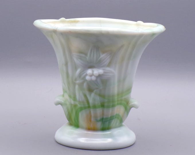 Vintage Glass Urn Vase, Akro Agate, Lily #658, Green Slag, 1930s/40s