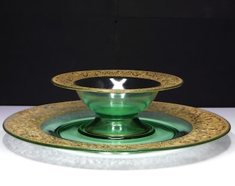 Elegant Era Glass Chip And Dip Set, Central Glass Company #1103, Lotus Glass Company Etch, #889 Georgian, 1930s
