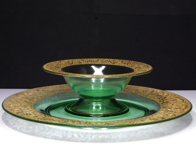 Elegant Era Glass Chip And Dip Set, Central Glass Company #1103, Lotus Glass Company Etch, #889 Georgian, 1930s