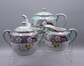 Vintage Trico Lustreware Tea Set: Handpainted Cherry Blossoms, Japan, 1920s