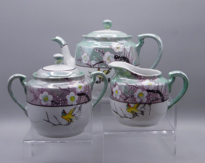 Porcelain Coffee/Tea Set, Trico, Made In Japan, Lustreware With Handpainted Cherry Blossoms And Birds, c 1920's