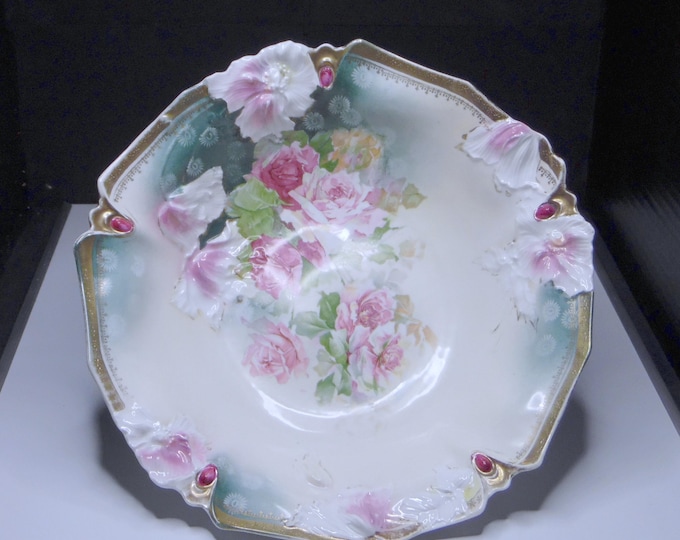 RS Prussia Porcelain Bowl: Pink Roses, Carnation Variant Mold, 1890-1914