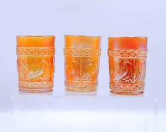 Carnival Glass Tumbler, Diamond Glass Company, Stork and Rushes/Lattice Trim, Marigold, 1915-1922