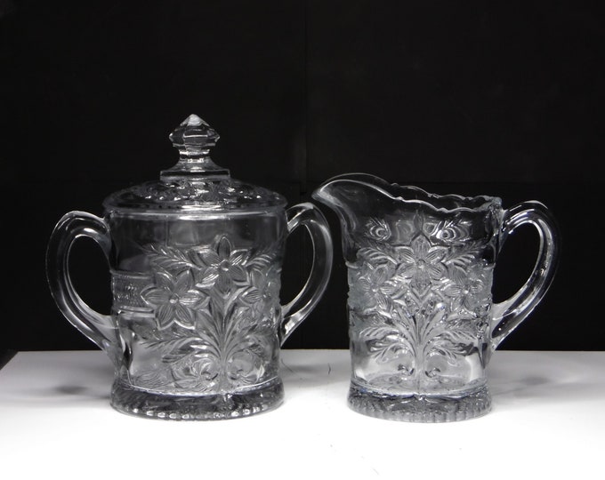 Early American Pressed Glass Sugar and Creamer, Indiana Glass Company, Indiana #162 (OMN) aka Bouquet; Narcissus Spray; Winner; c 1918
