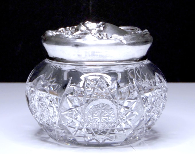 Antique American Brilliant Cut Glass Dresser Jar, Sterling Silver Lid
