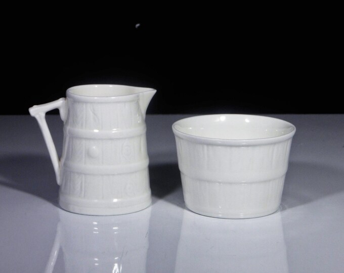 Porcelain Sugar And Creamer, Individual, Royal Worcester, England, Oak Barrel, White 1990s