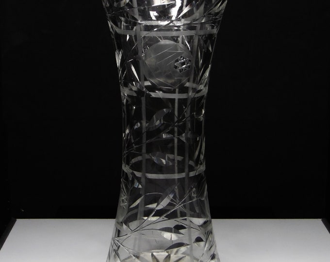 American Brilliant Period Cut Glass Corset Vase, Unknown Maker, cut Rose similar to Irving White Rose ca 1915 - 1920